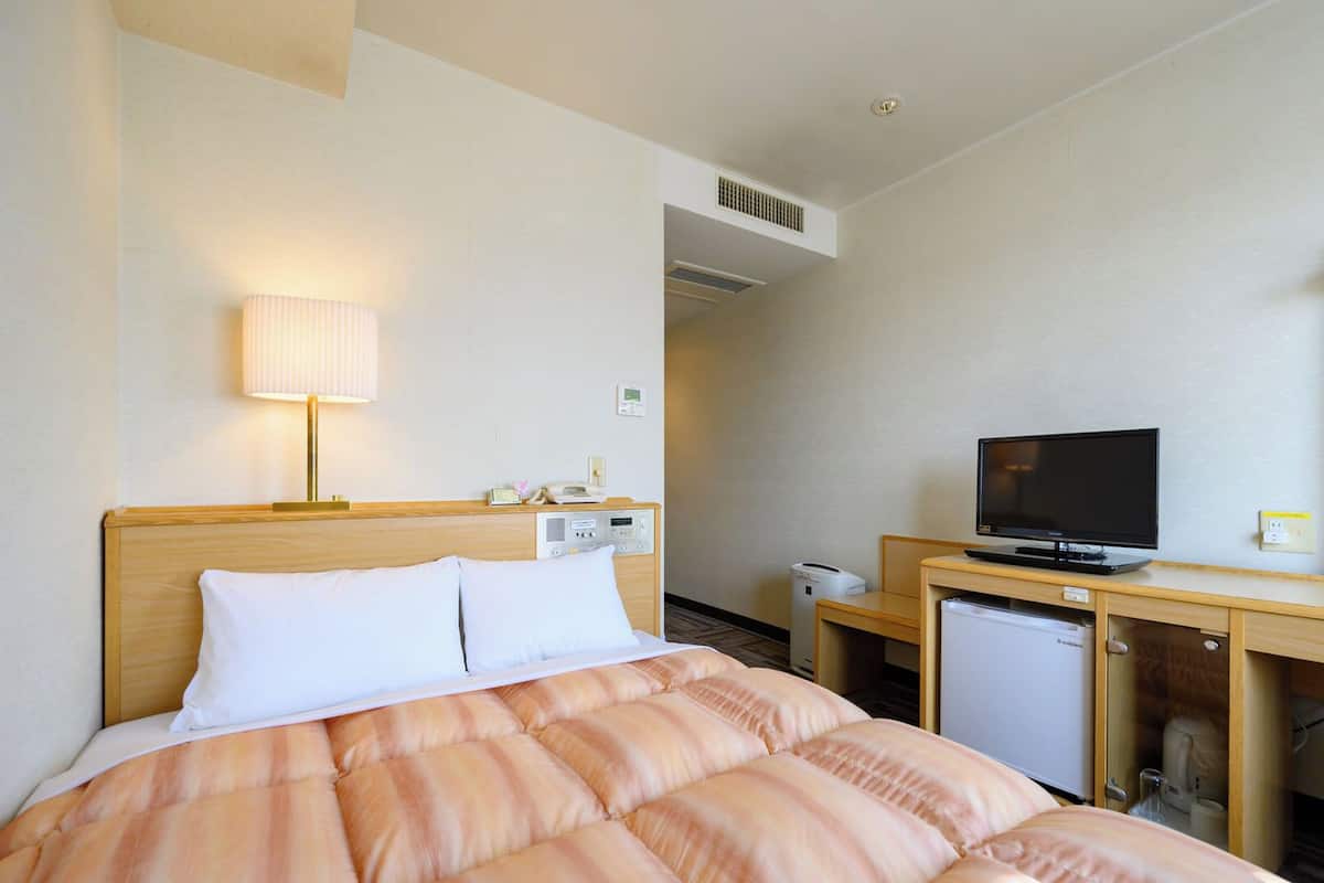 A hotel room with a bed, a TV, a desk with a computer, and a lamp.