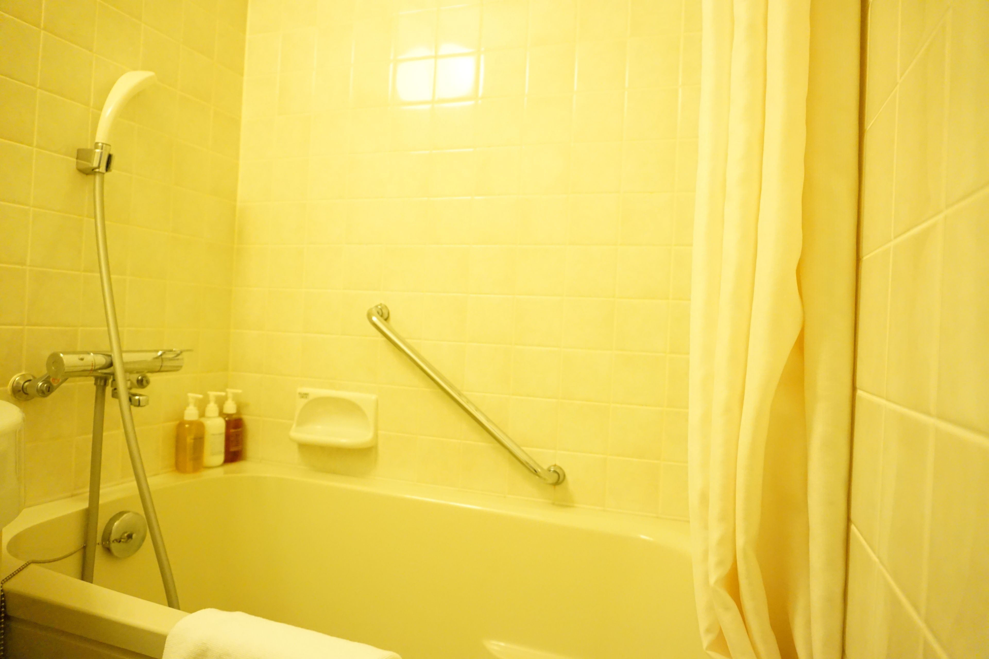 combined shower/bathtub, free toiletries, hair dryer, slippers