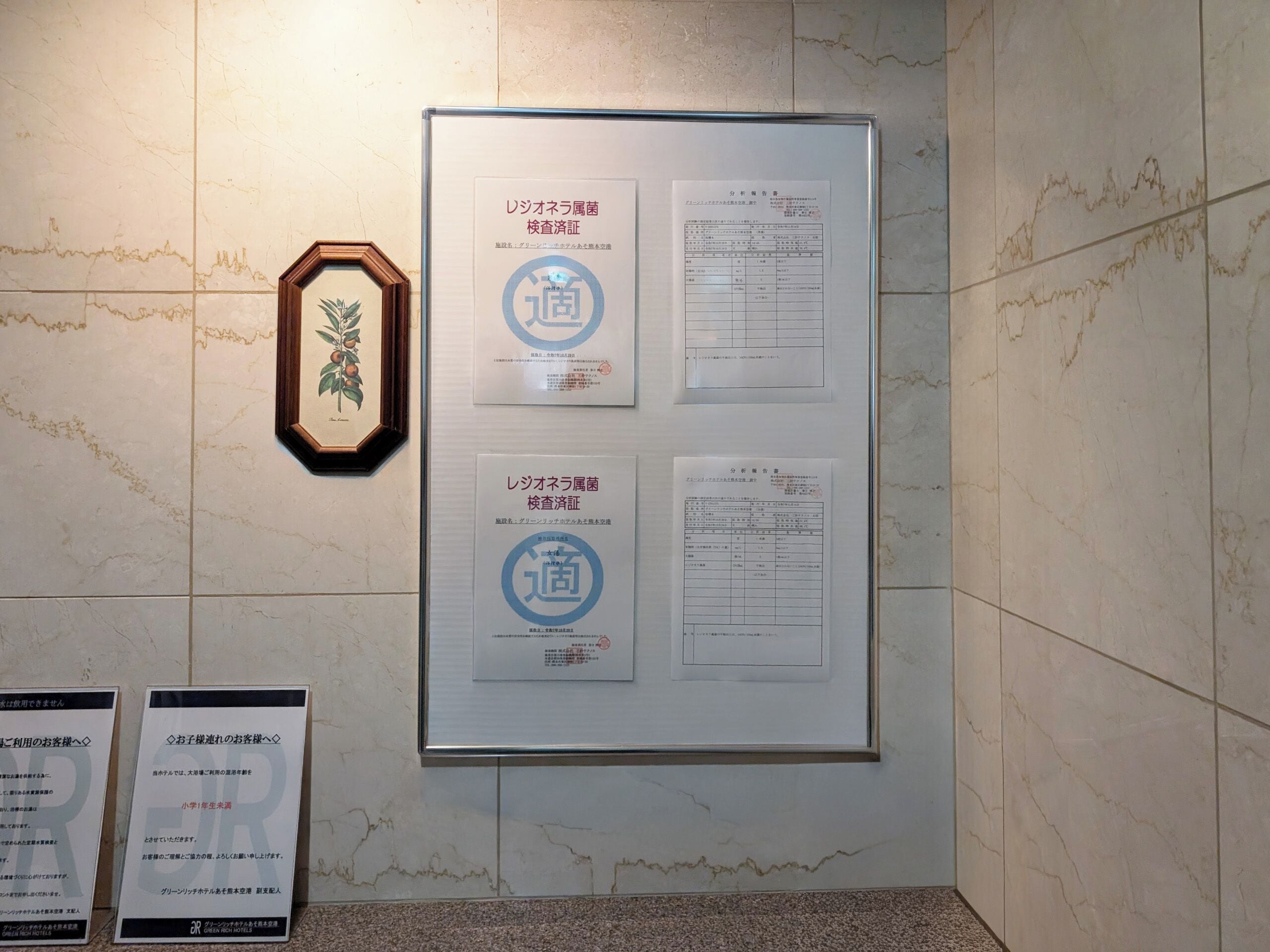 A bulletin board with documents and a framed botanical illustration.