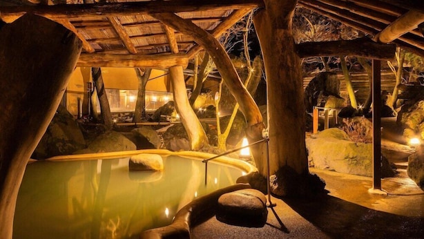 A hot spring area with wooden structures and a pool. - Arden Hotel Aso (Minamiaso)