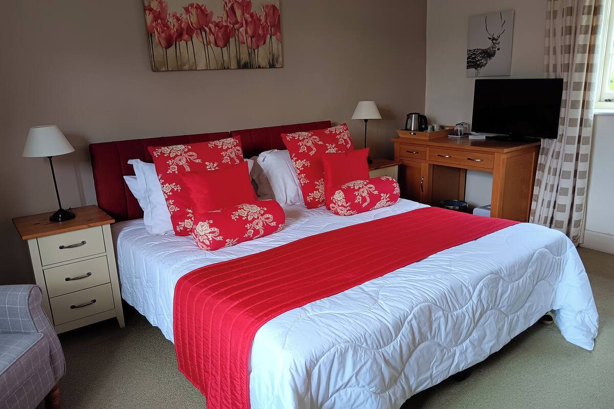 Una cama bien tendida con ropa de cama roja y blanca, una mesita de noche de madera con una lámpara, un escritorio pequeño con un televisor y un cuadro de flores en la pared.