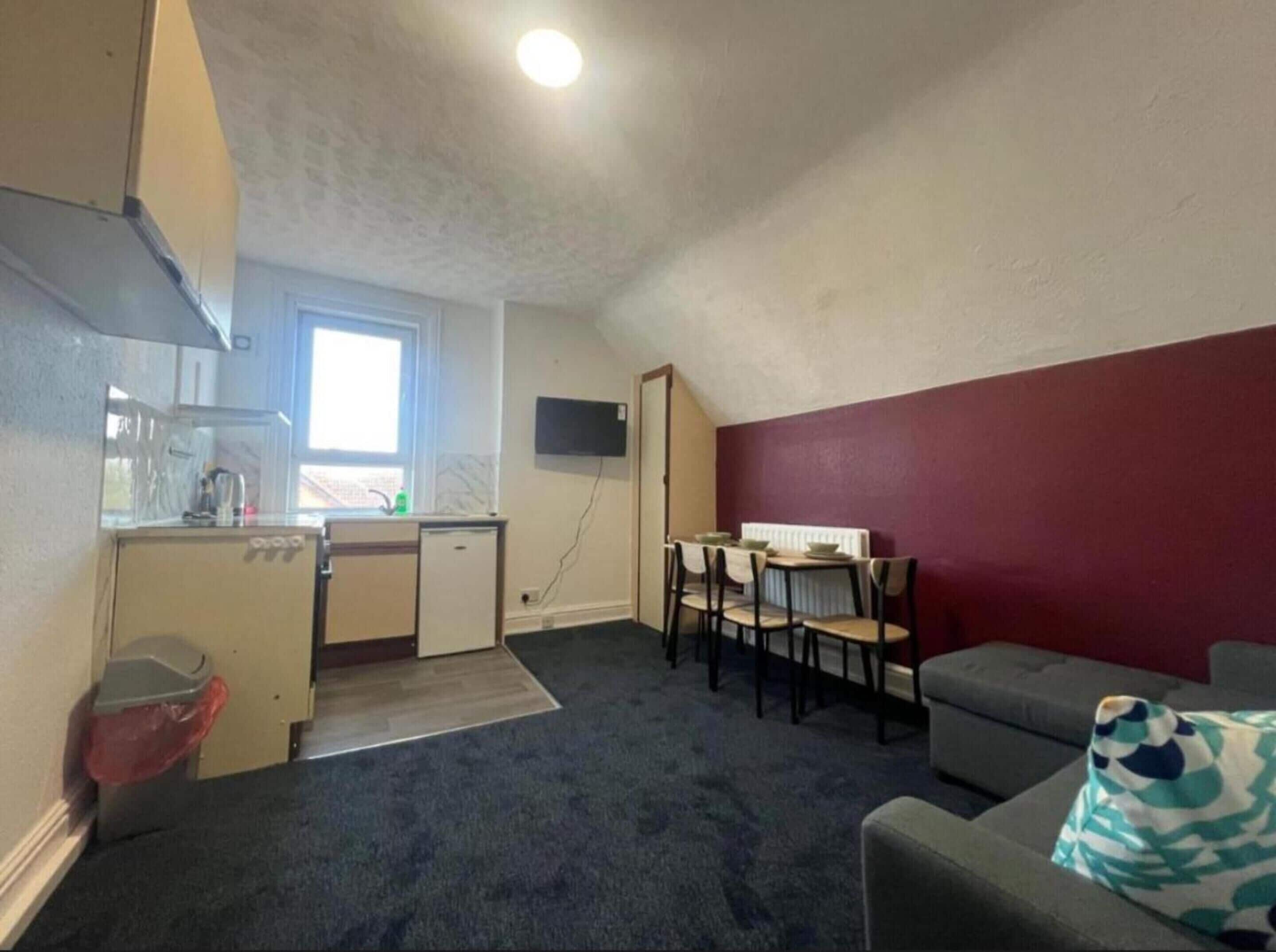 A compact living space with a kitchenette, a dining area, and a seating area with a couch and a patterned throw.