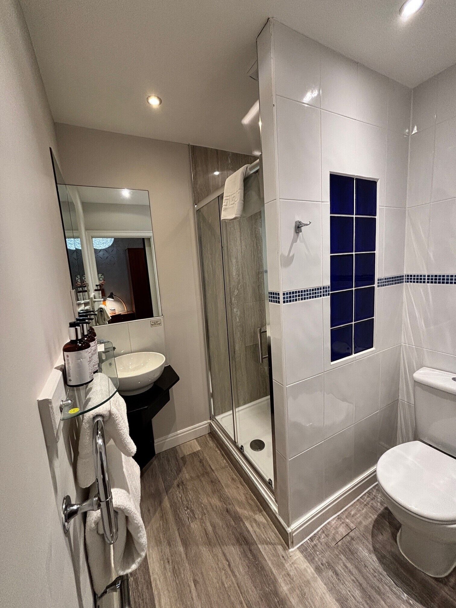 A modern bathroom with a glass-enclosed shower, a white sink, and a toilet.