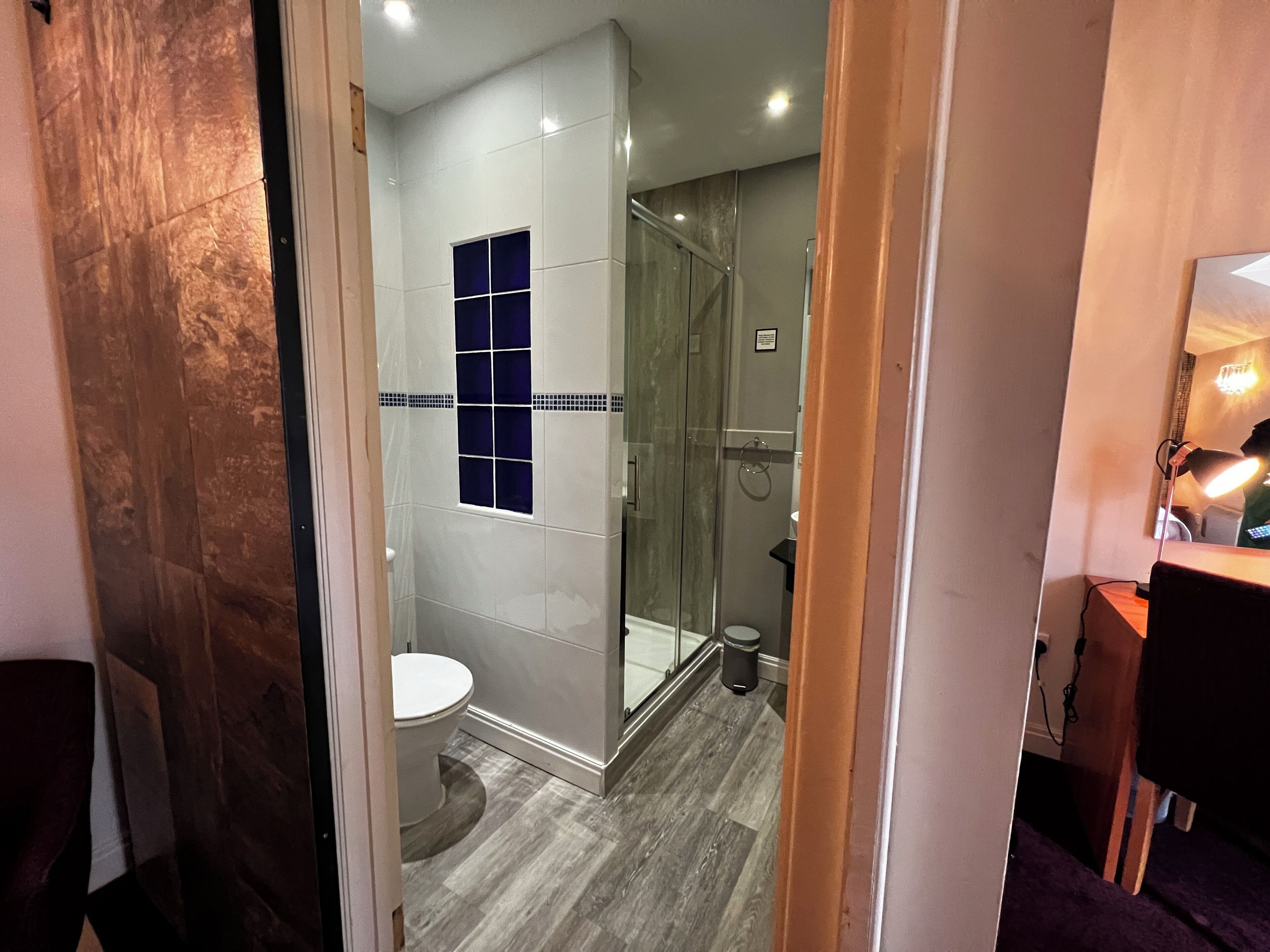 A modern bathroom with a glass shower enclosure, a toilet, and a sink.