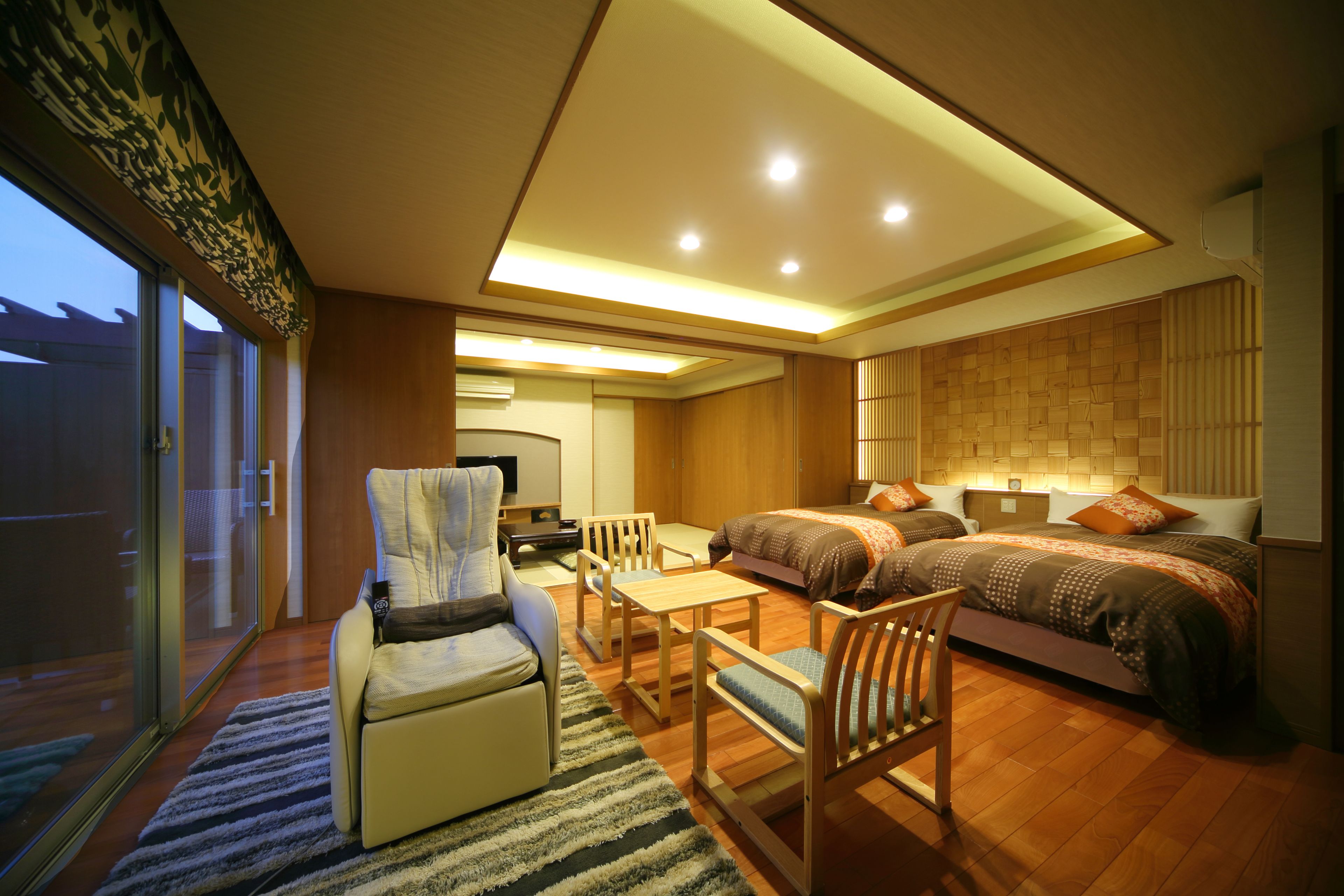 standard room with open-air bath and tatami area - a - hanayoshi area (allergy/vegan option n/a) | living area | lcd tv, dvd player