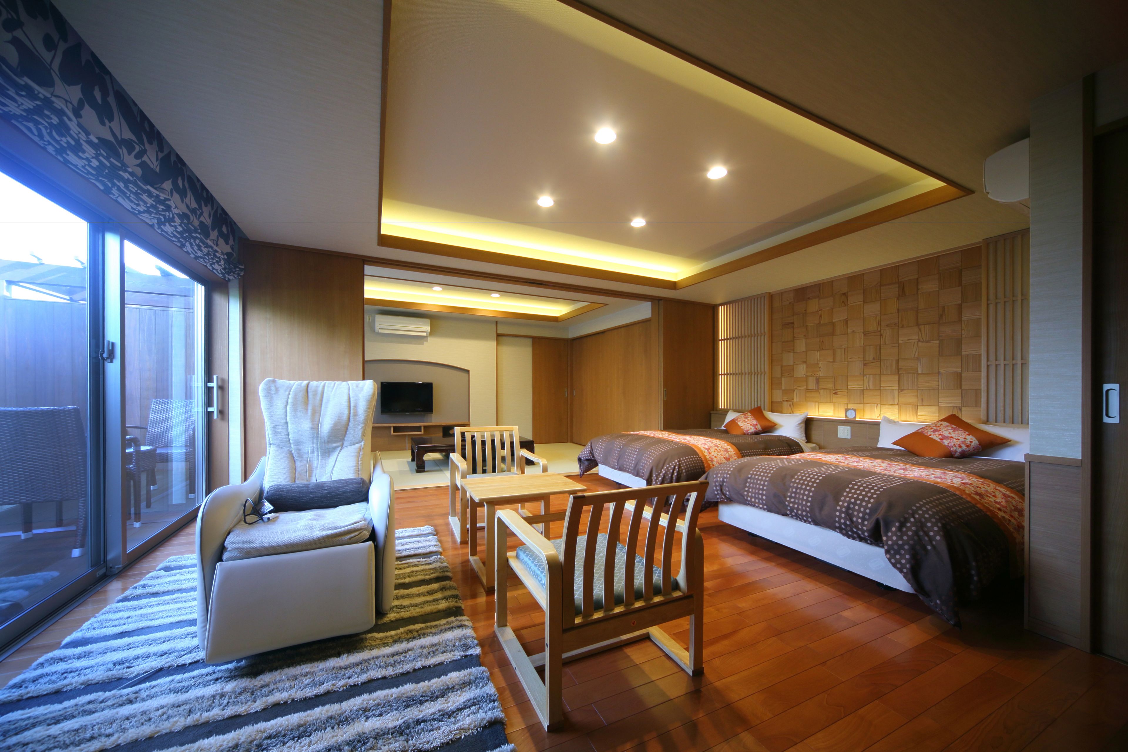 standard room with open-air bath and tatami area - a - hanayoshi area (allergy/vegan option n/a) | living area | lcd tv, dvd player