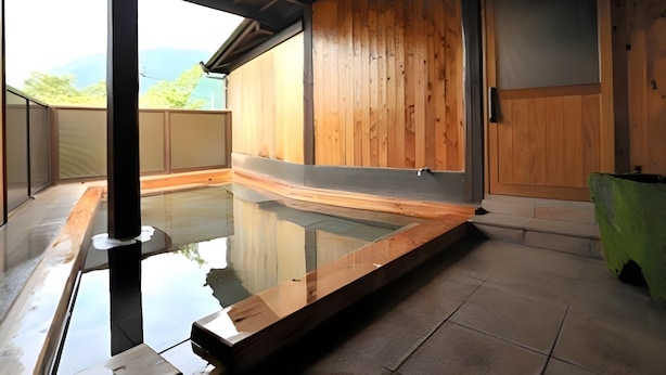 Ein traditionelles japanisches Onsen mit Holzinnenraum, einem Steine-Thermalbad und Blick auf die Berge.