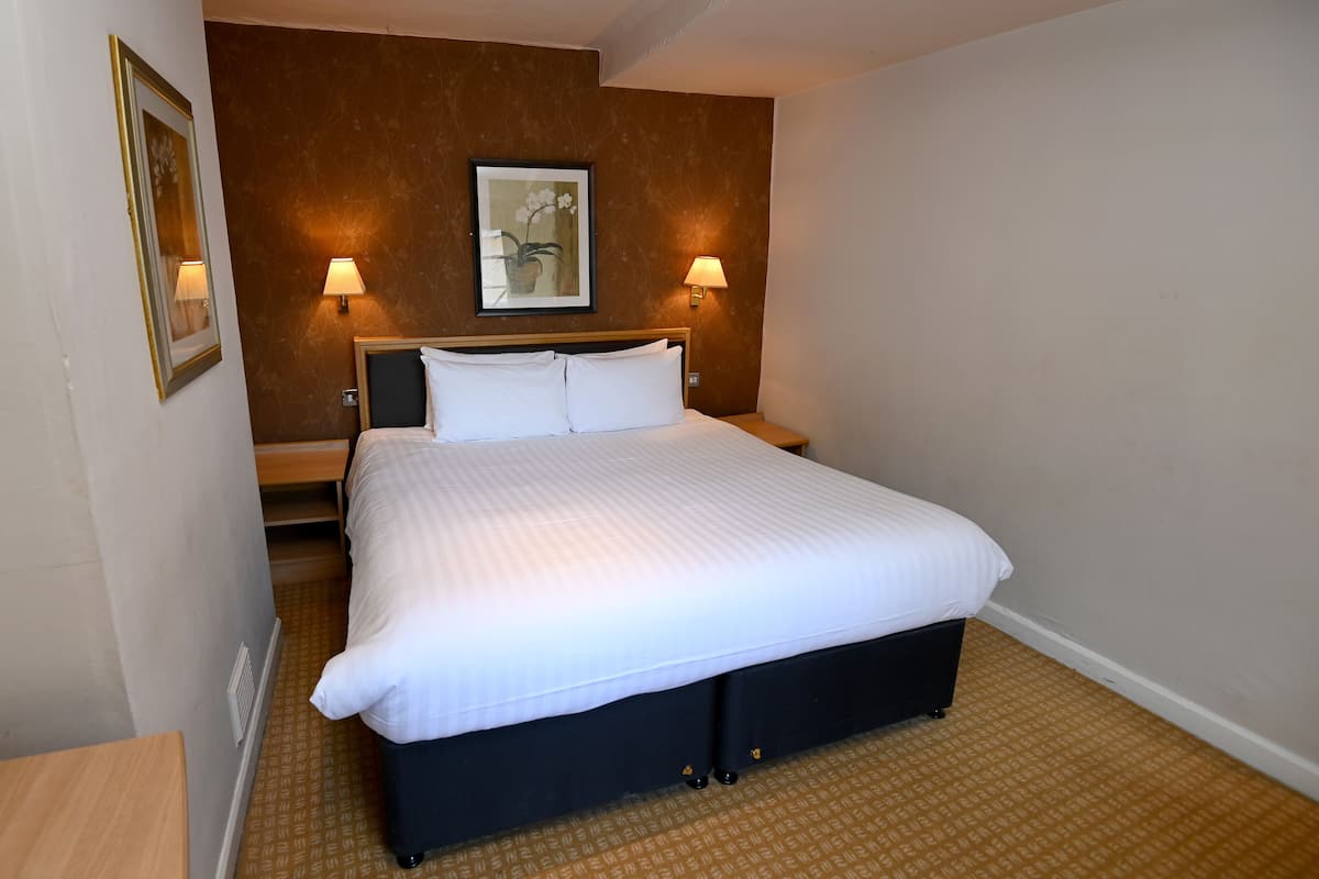 Una habitación de hotel con una cama grande, dos lámparas de noche, un cuadro en la pared y suelo alfombrado.