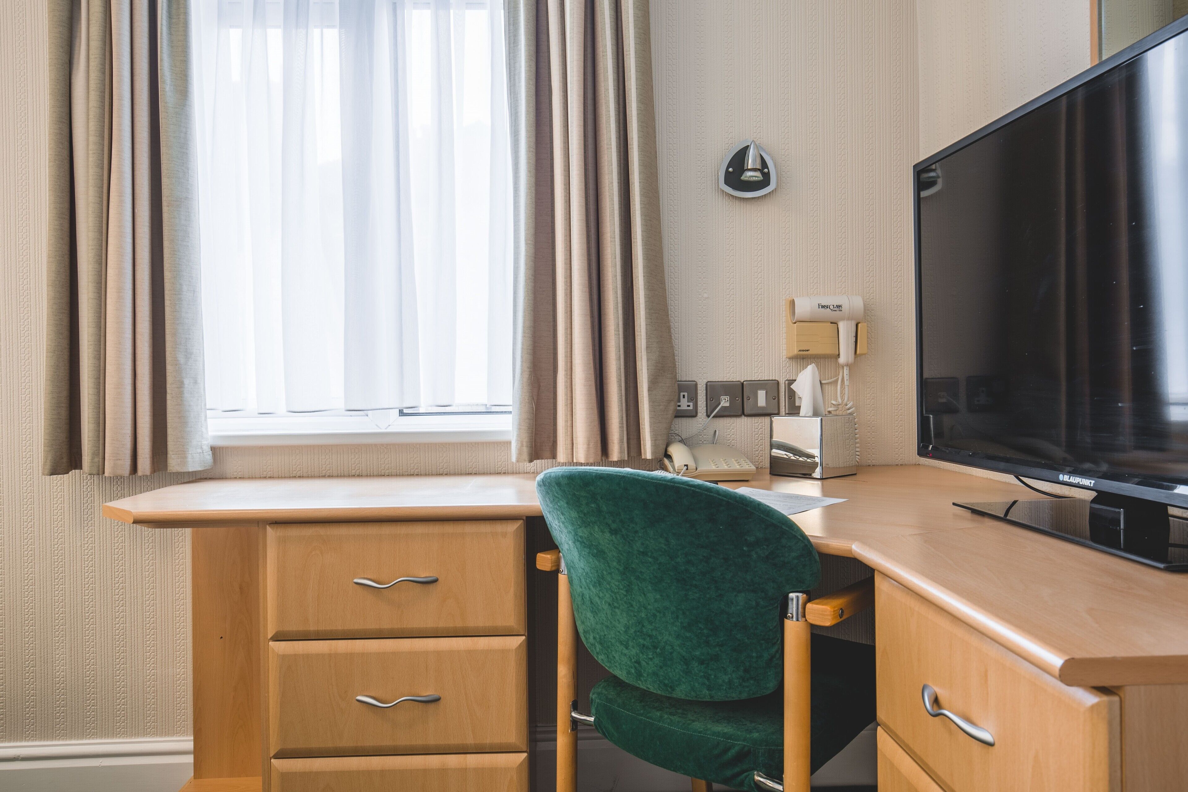 1 bedroom, desk, blackout curtains, iron/ironing board