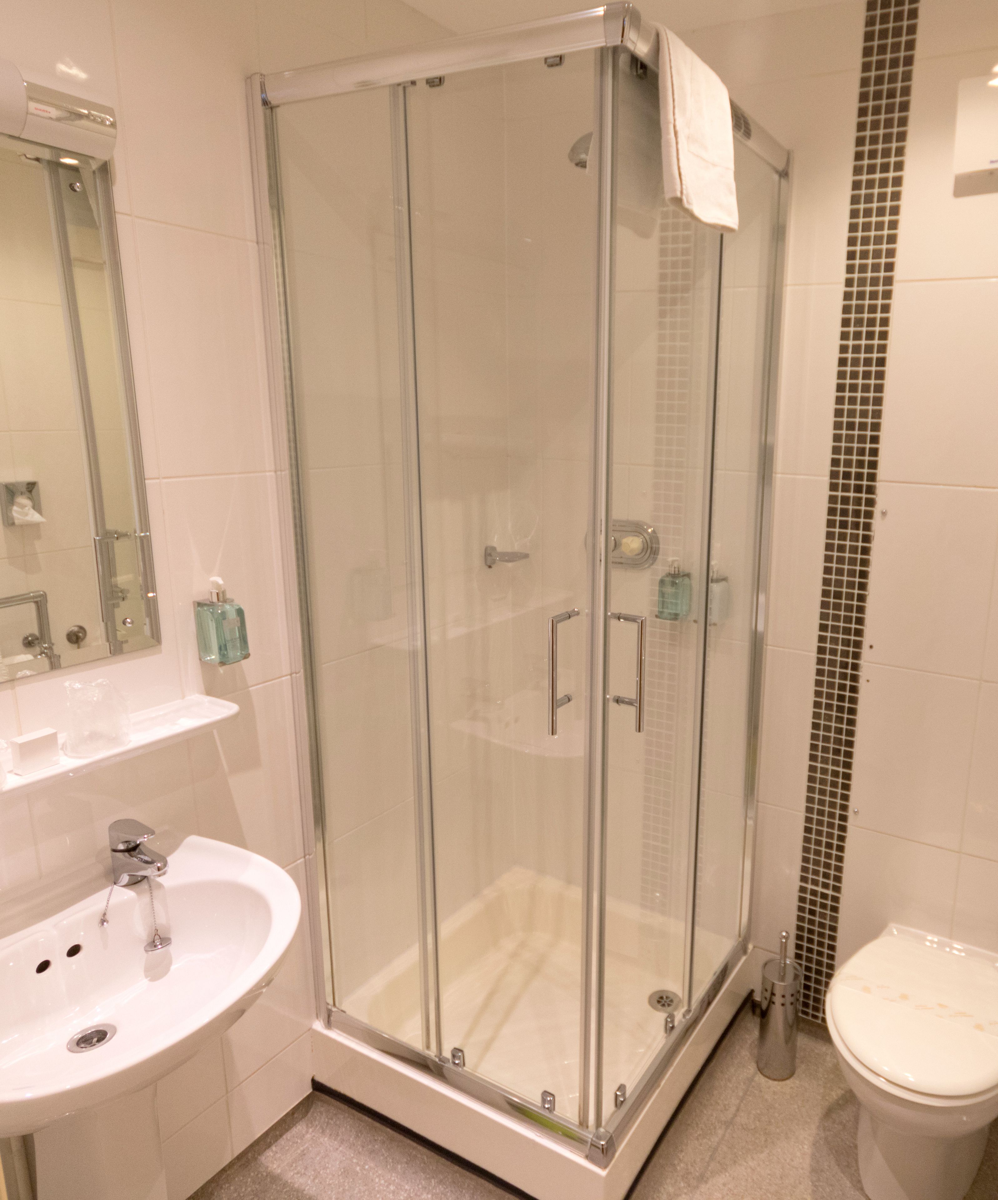 shower, free toiletries, hair dryer, towels