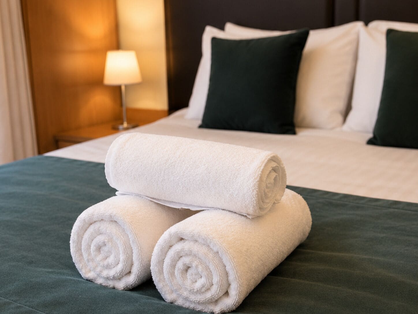 A neatly made bed with a green bedspread, two rolled white towels, and a lamp in the background.
