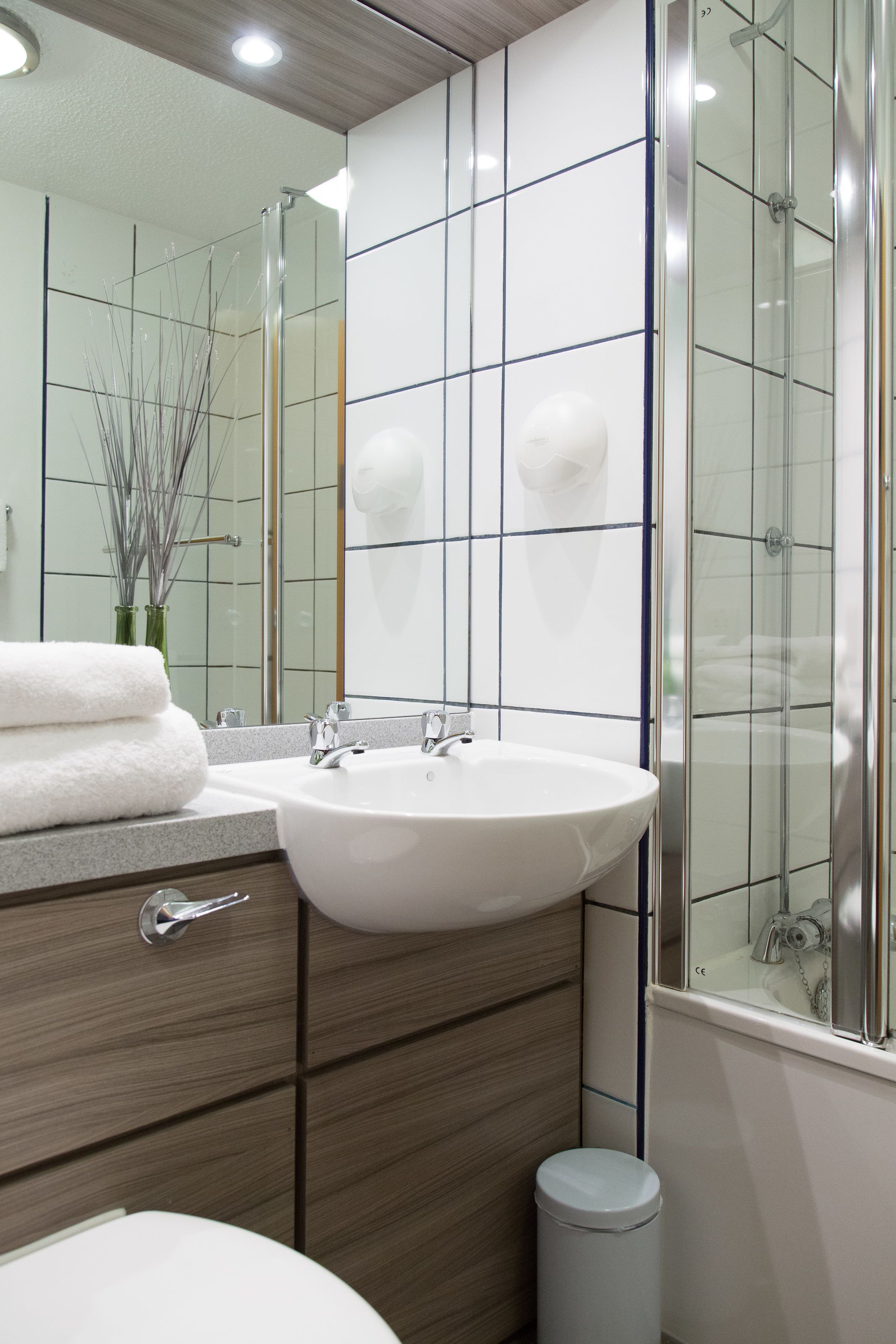 combined shower/bathtub, free toiletries, hair dryer, towels