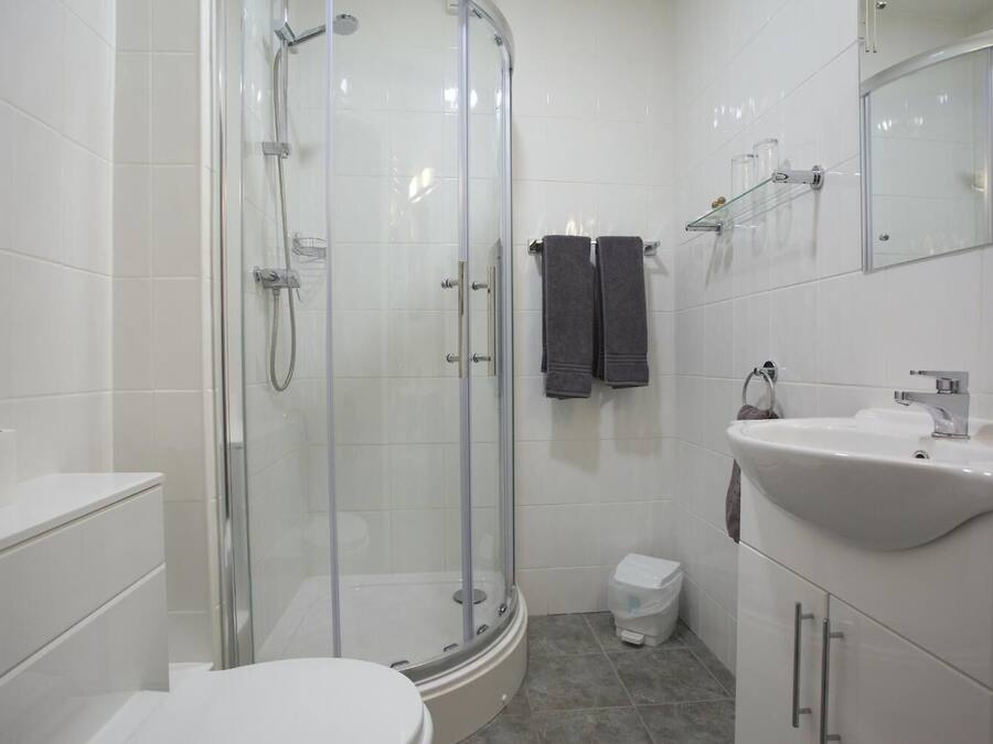 A modern bathroom with a glass-enclosed shower, a white sink, and a toilet.