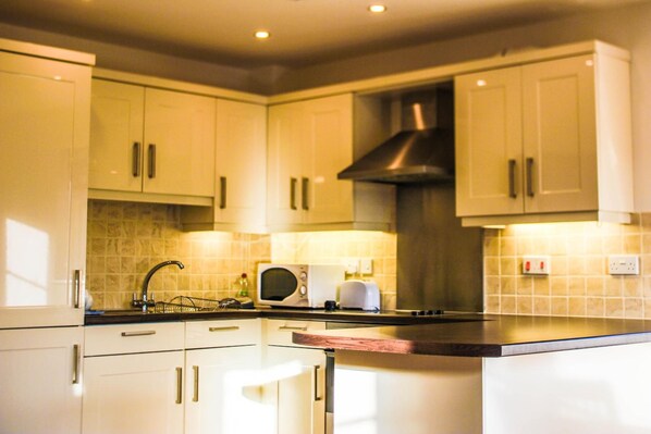 Full-size fridge, microwave, oven, stovetop