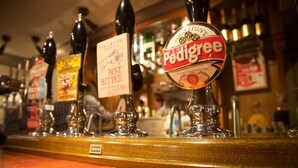 Eine Bar mit mehreren Zapfhähnen für verschiedene Biersorten, darunter Etiketten wie Pedigree und Best Bitter.