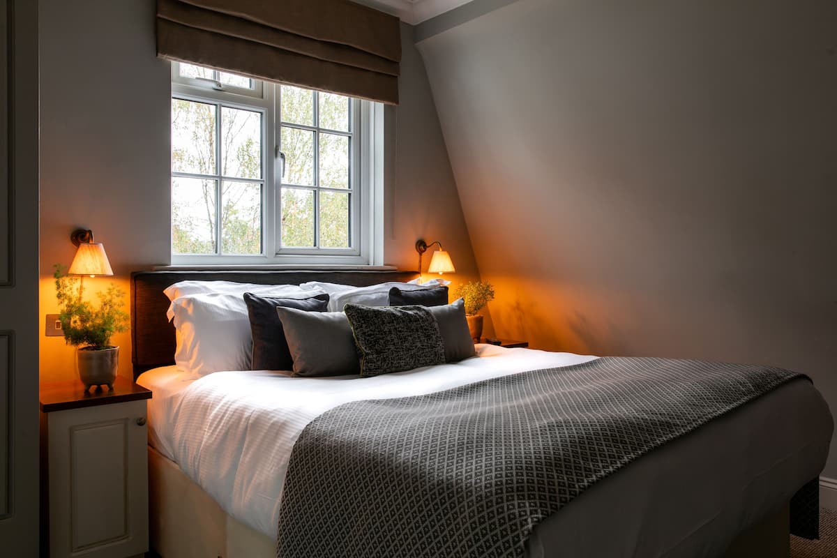 A bedroom with a large bed, two bedside lamps, a window with curtains, and a nightstand with a plant.