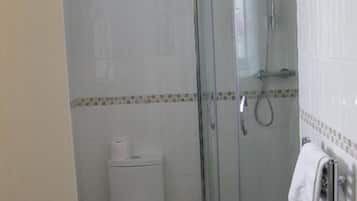 Une salle de bain comprenant des toilettes, une douche fermée par une paroi de verre et un porte-serviettes.