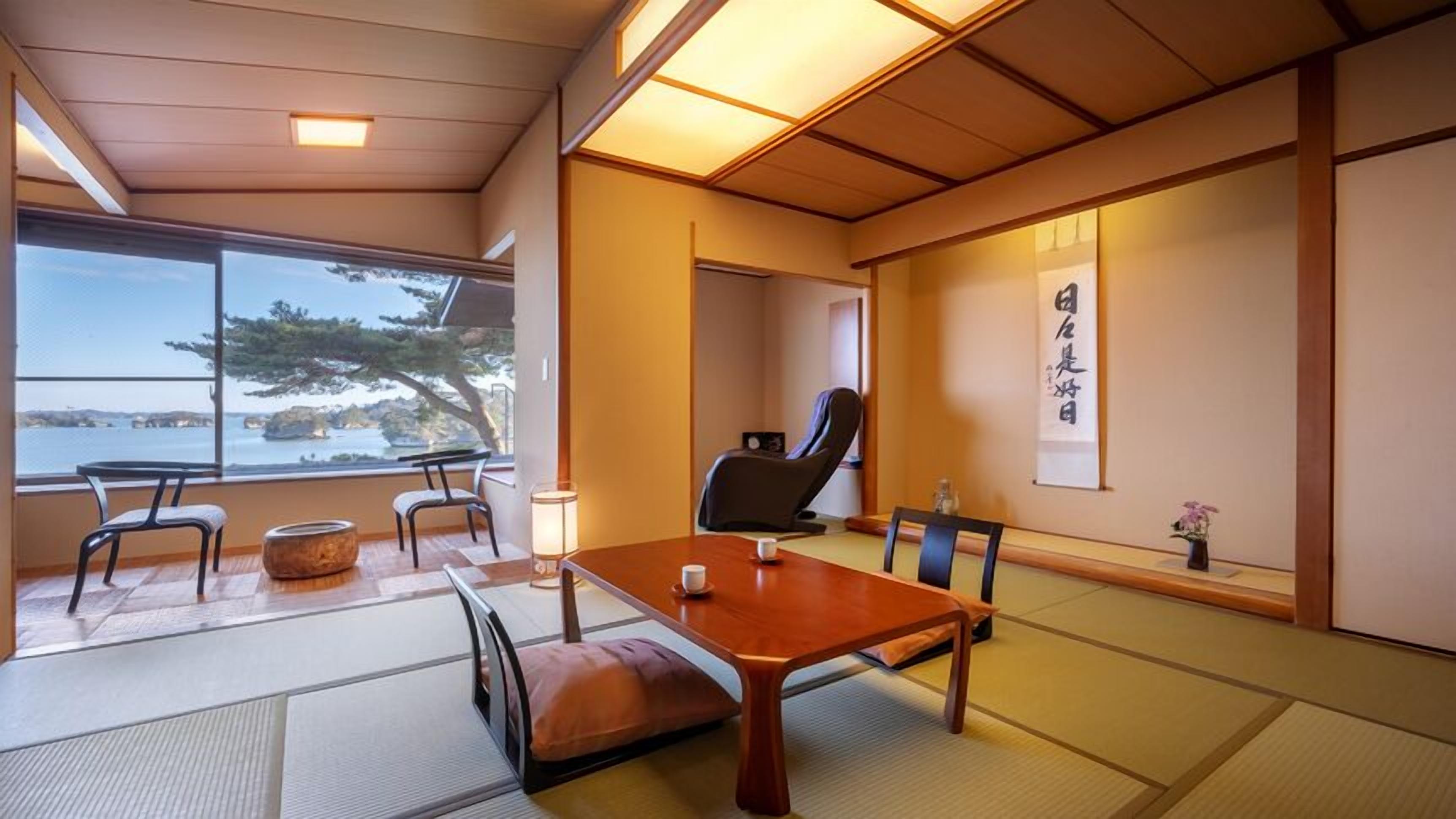 A traditional Japanese room with tatami flooring, a low table, and a chair.