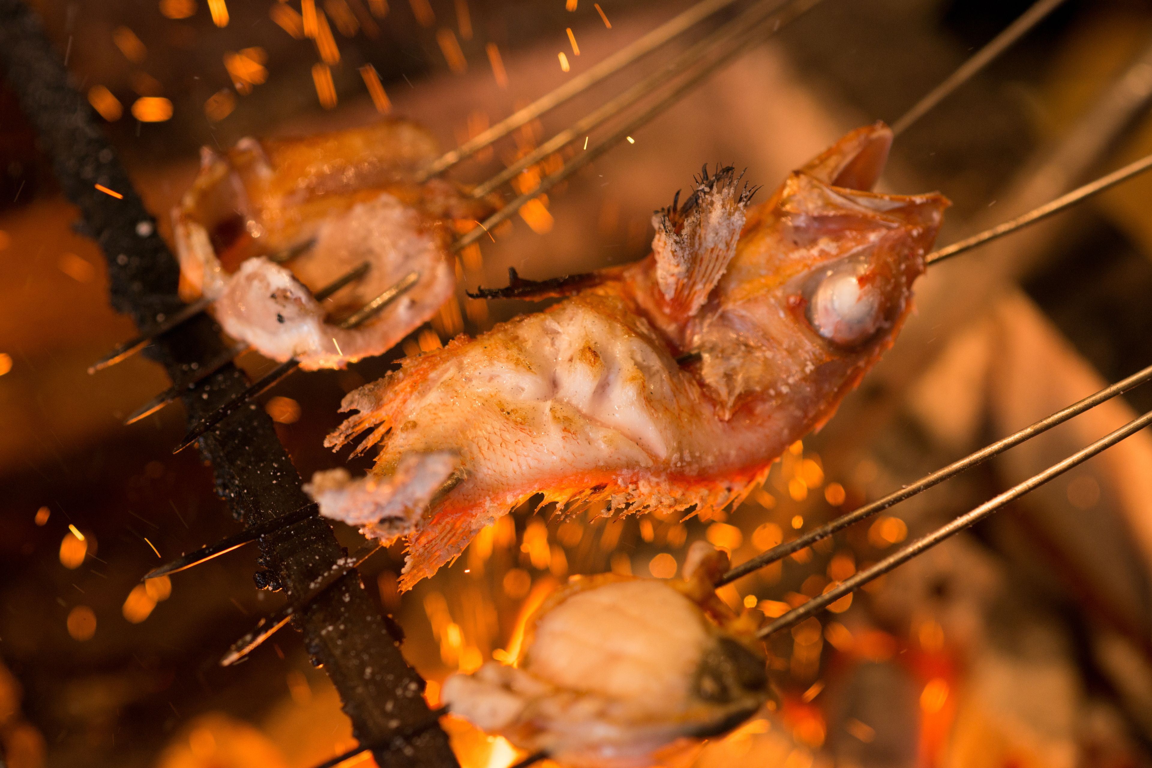 Eine Nahaufnahme von gegrilltem Fisch und Meeresfrüchten über offenem Feuer, wobei Funken sprühen.