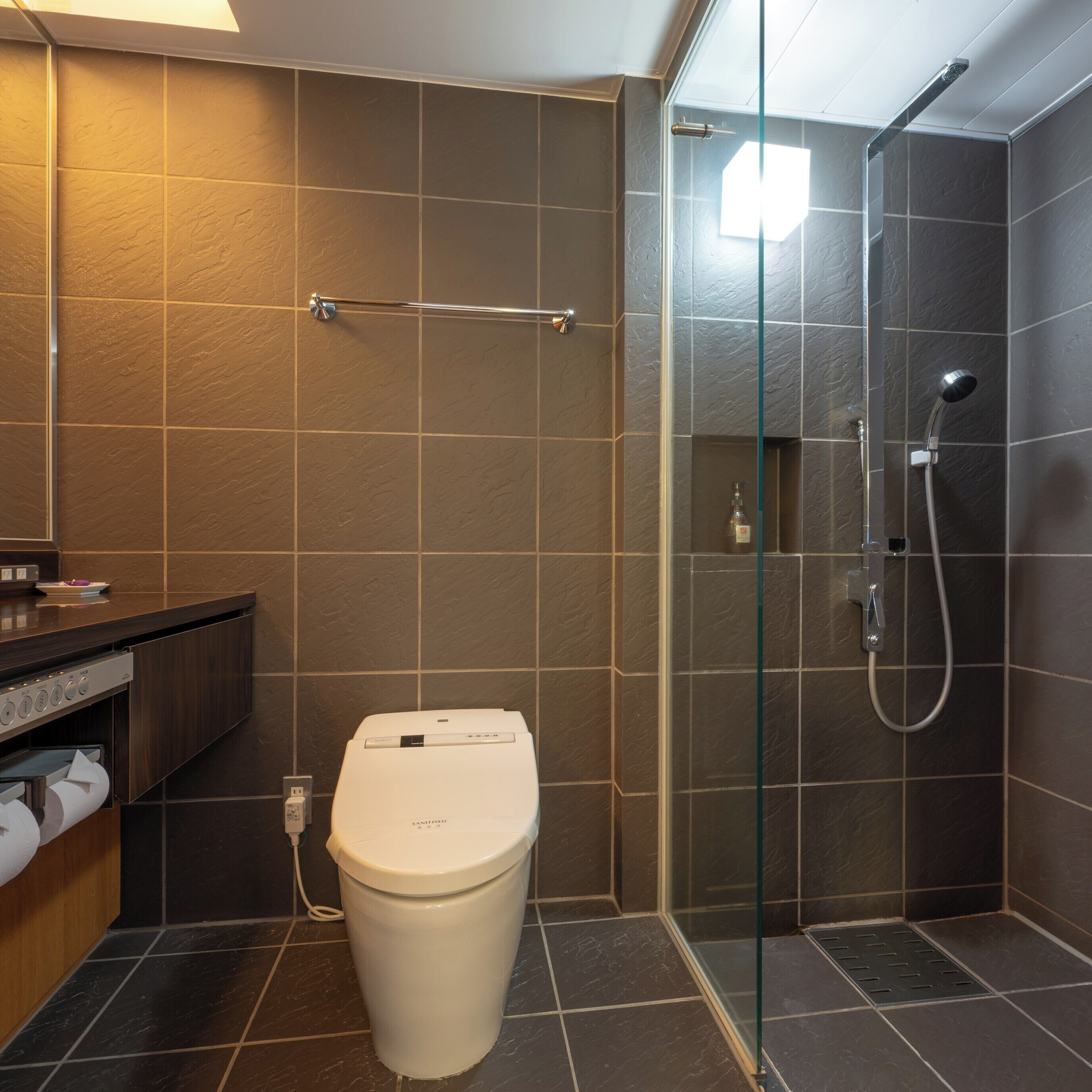 Ein modernes Badezimmer mit einer Duschkabine, einer Toilette und einem Waschtisch mit Handtuchspender.