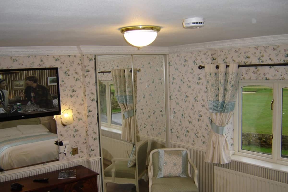 A hotel room with a bed, a desk, a chair, a television, and a large mirror.