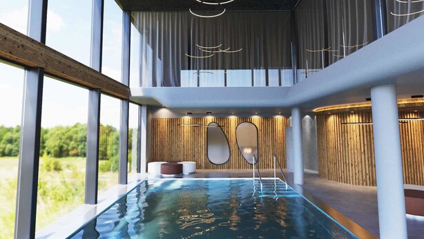 A modern indoor swimming pool with a wooden ceiling, large windows, and a view of greenery outside.
