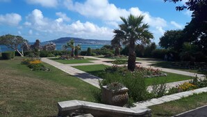 Ein angelegter Garten mit Wegen, Palmen und Blumenbeeten.
