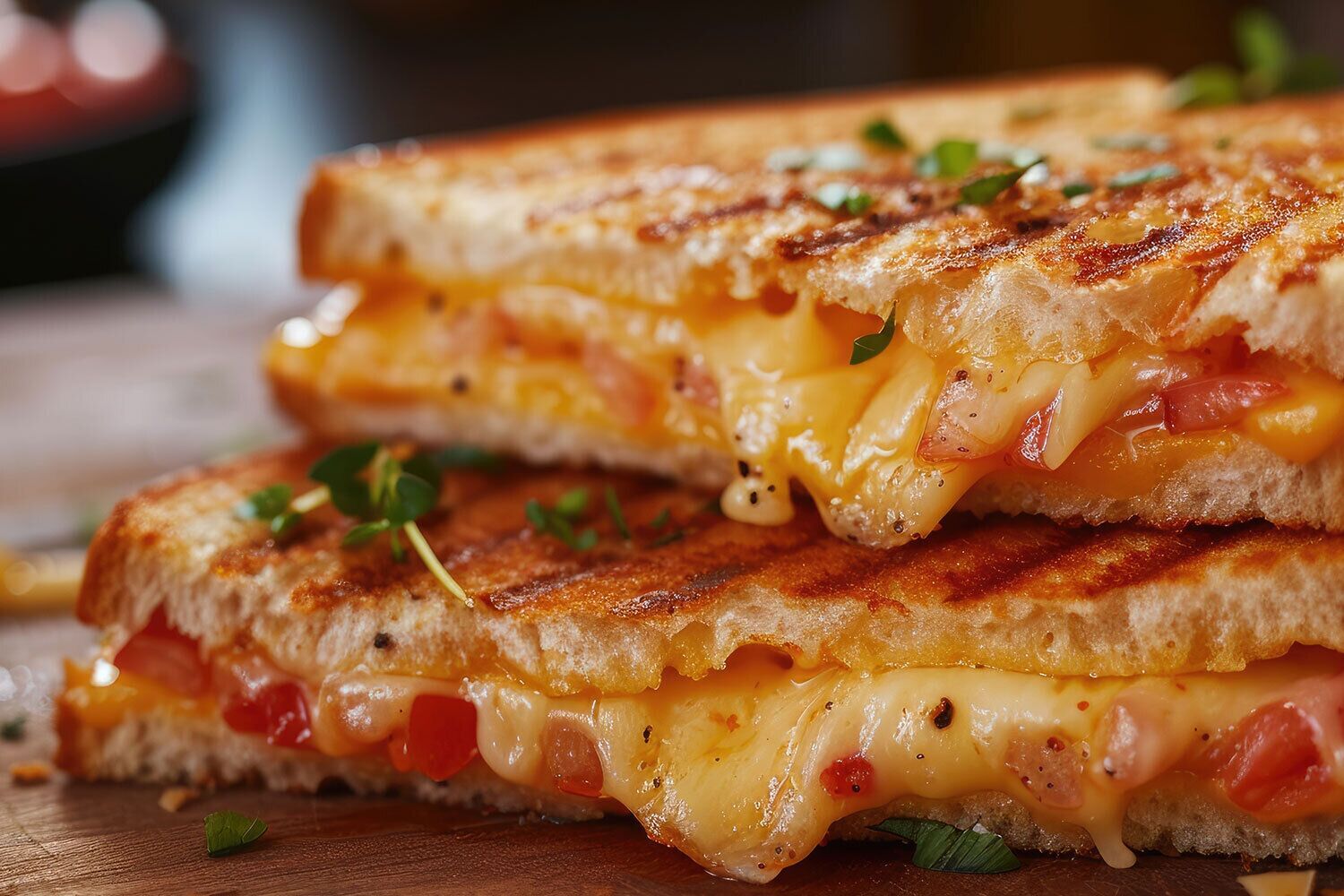 Un sandwich au fromage grillé, avec du fromage fondu et des tranches de tomate.