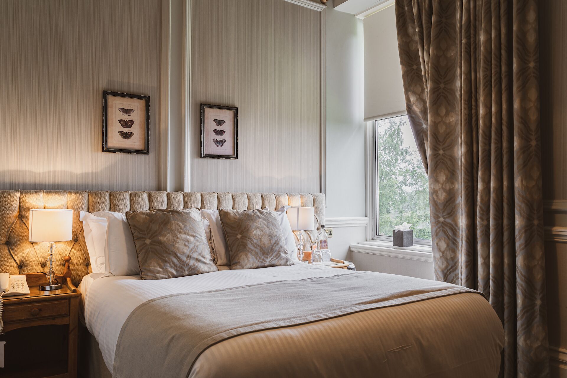 Une chambre à coucher bien rangée, avec une tête de lit capitonnée, une table de chevet dotée d’une lampe et des tableaux représentant des papillons accrochés au mur.