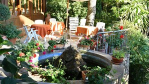 Un patio exterior con mesas y sillas, rodeado de plantas en macetas y una pequeña fuente.