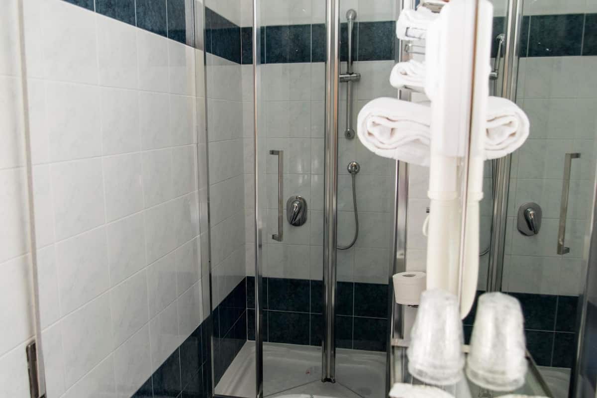 shower, hair dryer, bidet, towels