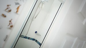 Ducha con mampara de vidrio, cabezal de ducha de mano y detalles en azulejos azules.