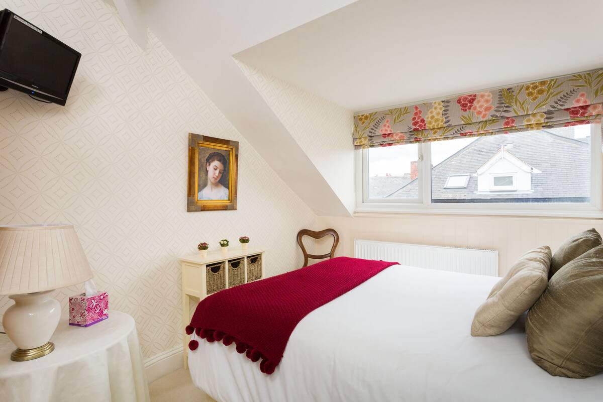 Une chambre à coucher avec un lit, une table de chevet, une lampe, un tableau encadré, une fenêtre donnant sur un beau paysage et un téléviseur fixé au mur.