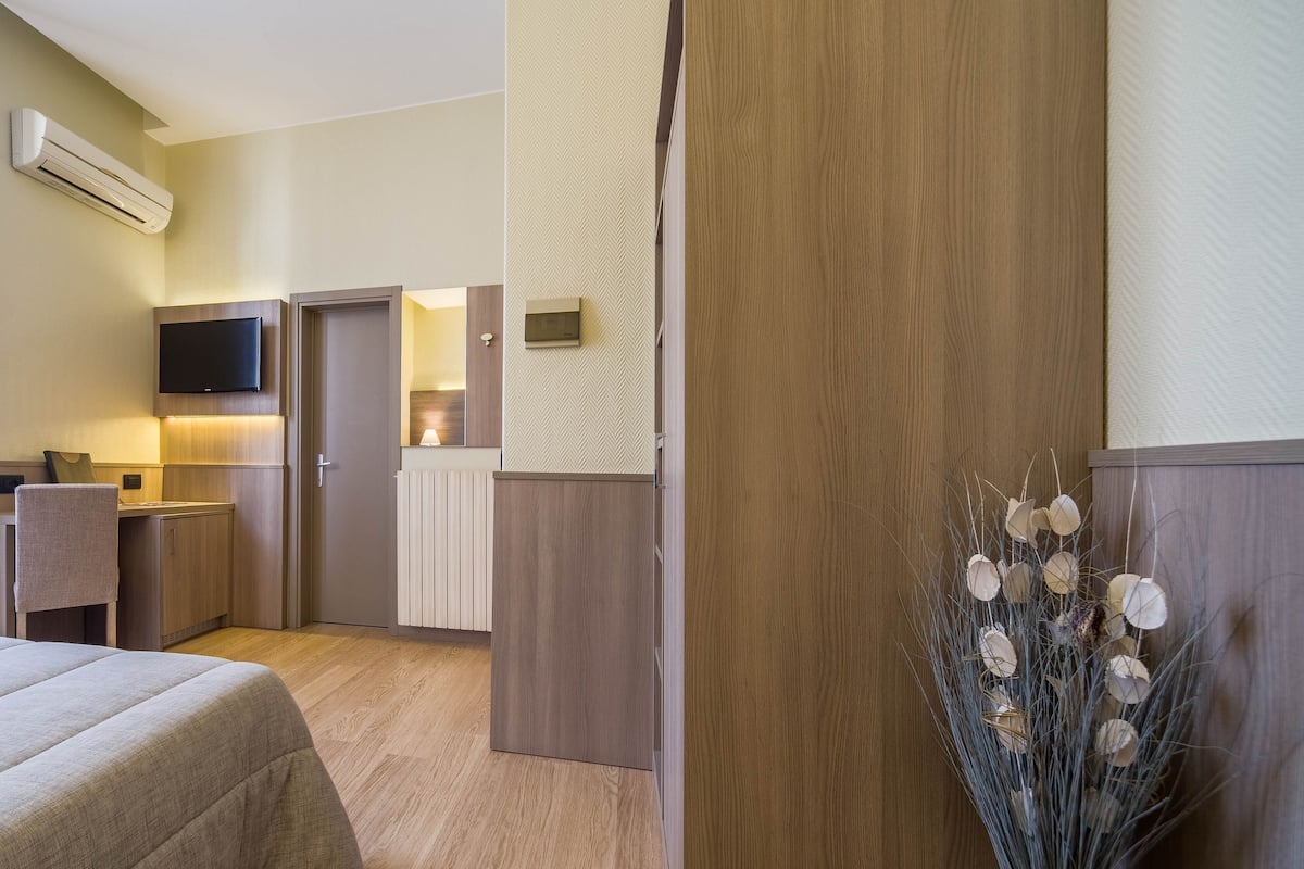 A hotel room with a bed, a desk, a television, a radiator, and a decorative plant.