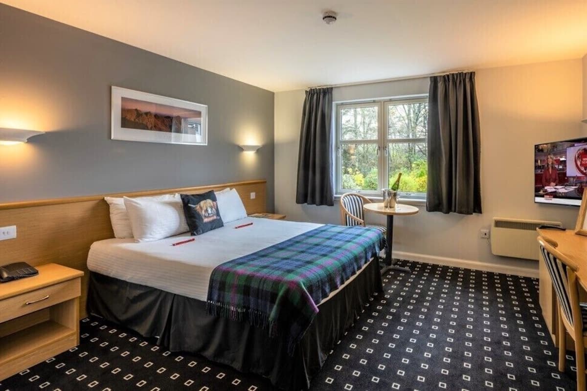 A hotel room with a bed, bedside table, chair, desk, TV, and a window with curtains.