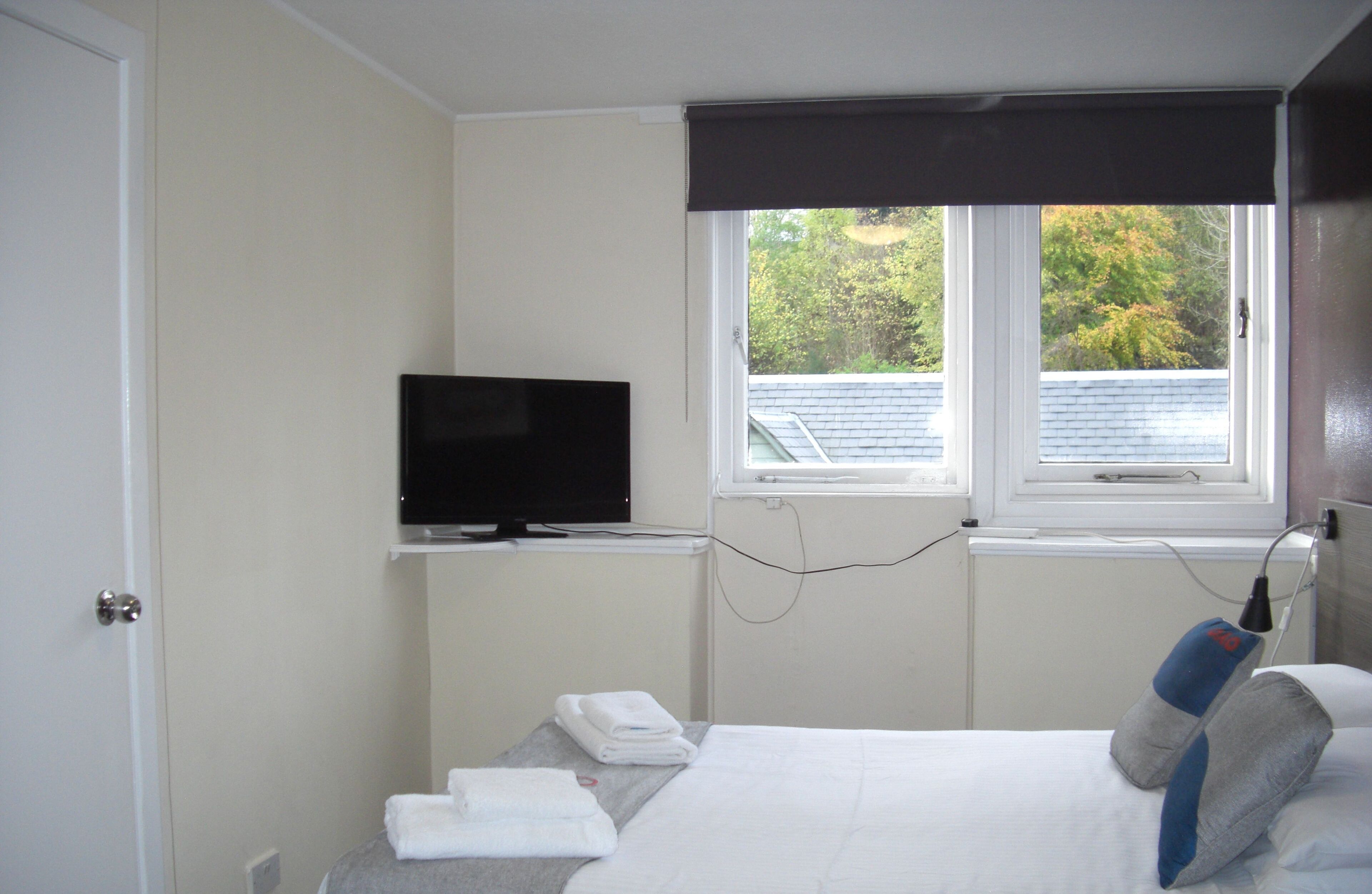 A hotel room with a bed, a television on a stand, a window with a view of trees, and a bedside table with a lamp.