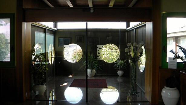 Un área de recepción con puerta de vidrio, plantas en macetas y un tapete rojo en el suelo.