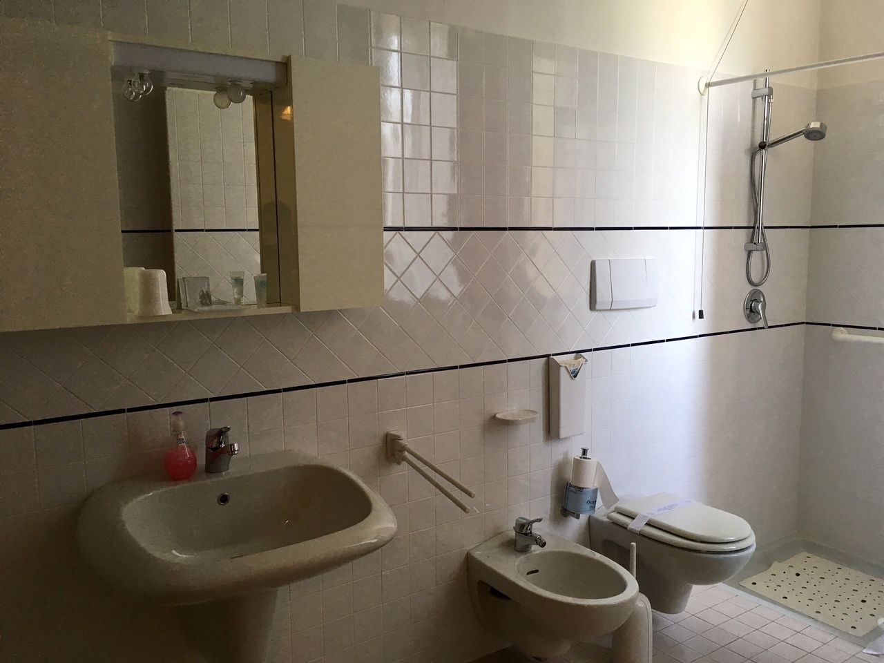 Un bagno con lavandino, due servizi igienici, doccia e specchio.