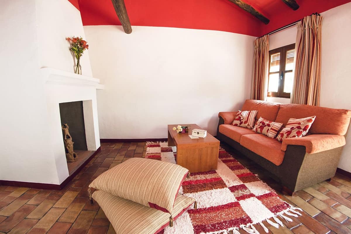 Een woonkamer met een open haard, een bank, een bijzettafeltje en een tapijtendecor.