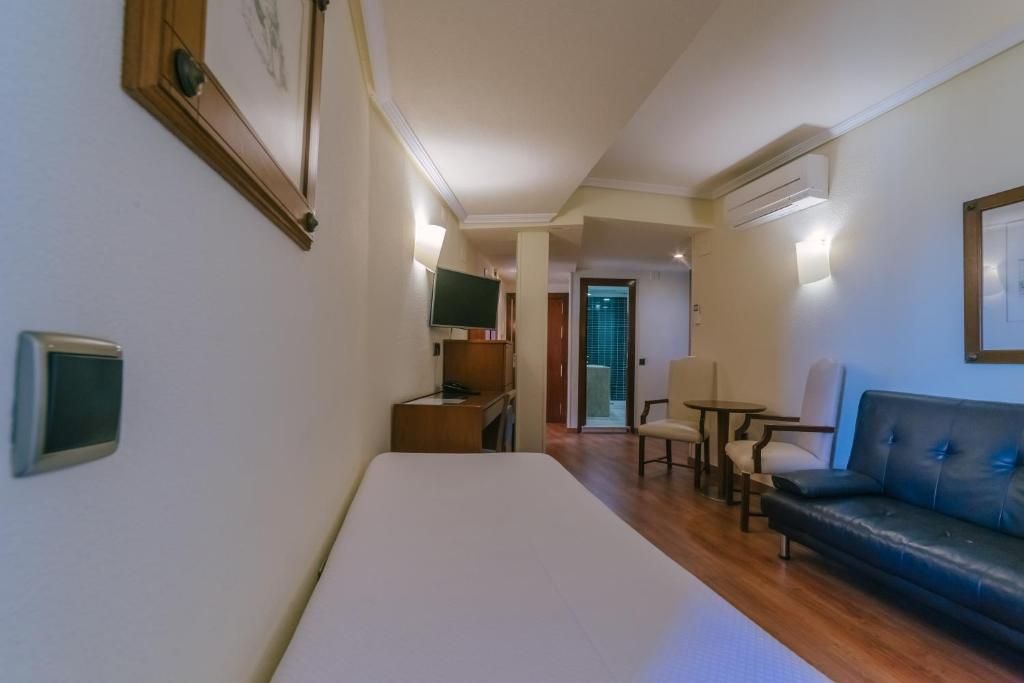 Una habitación de hotel con una cama, un escritorio, una silla, un sofá y un televisor.