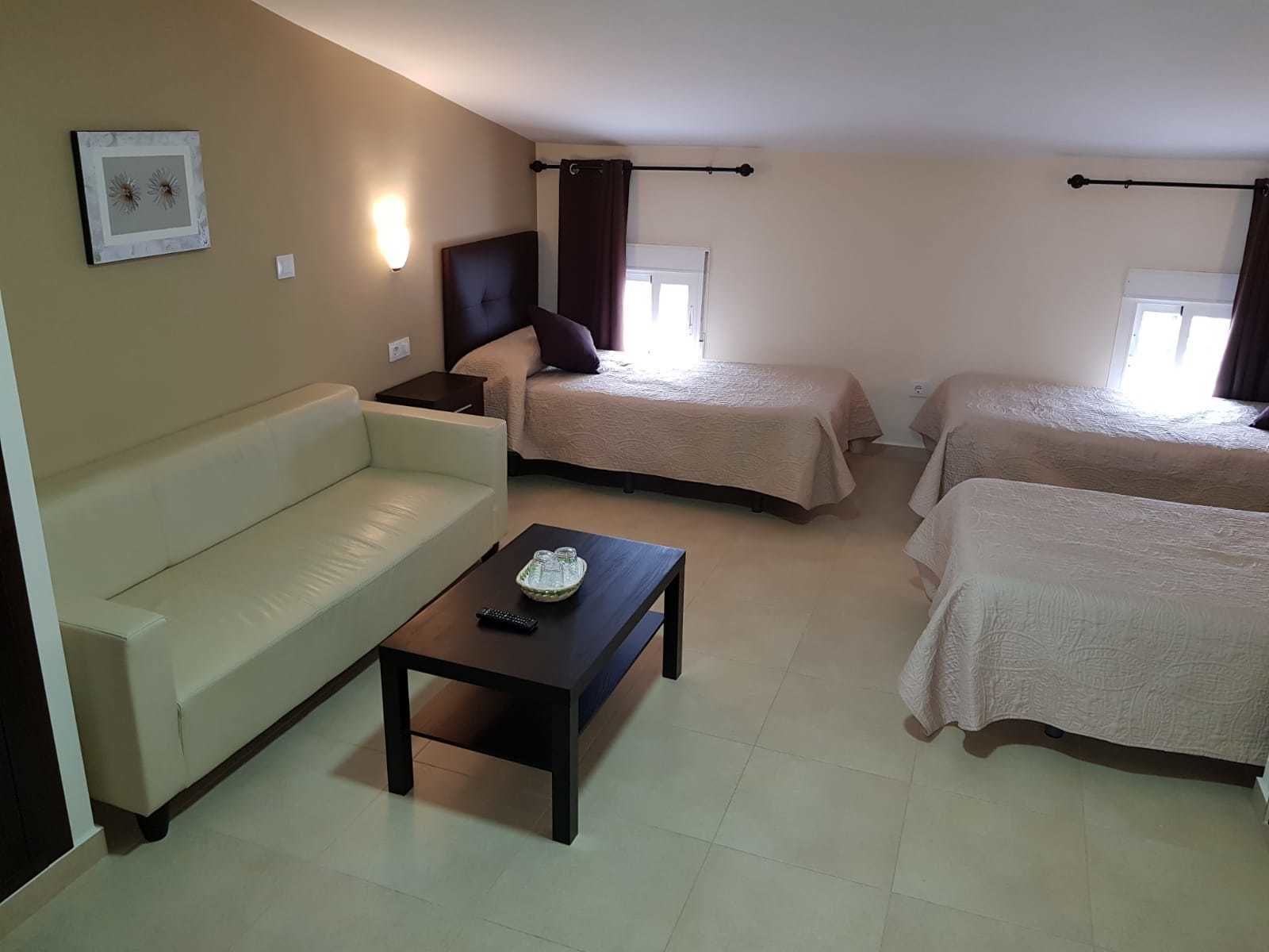 A hotel room with a single bed, a sofa, and a small table.