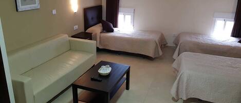 A hotel room with a single bed, a sofa, and a small table.