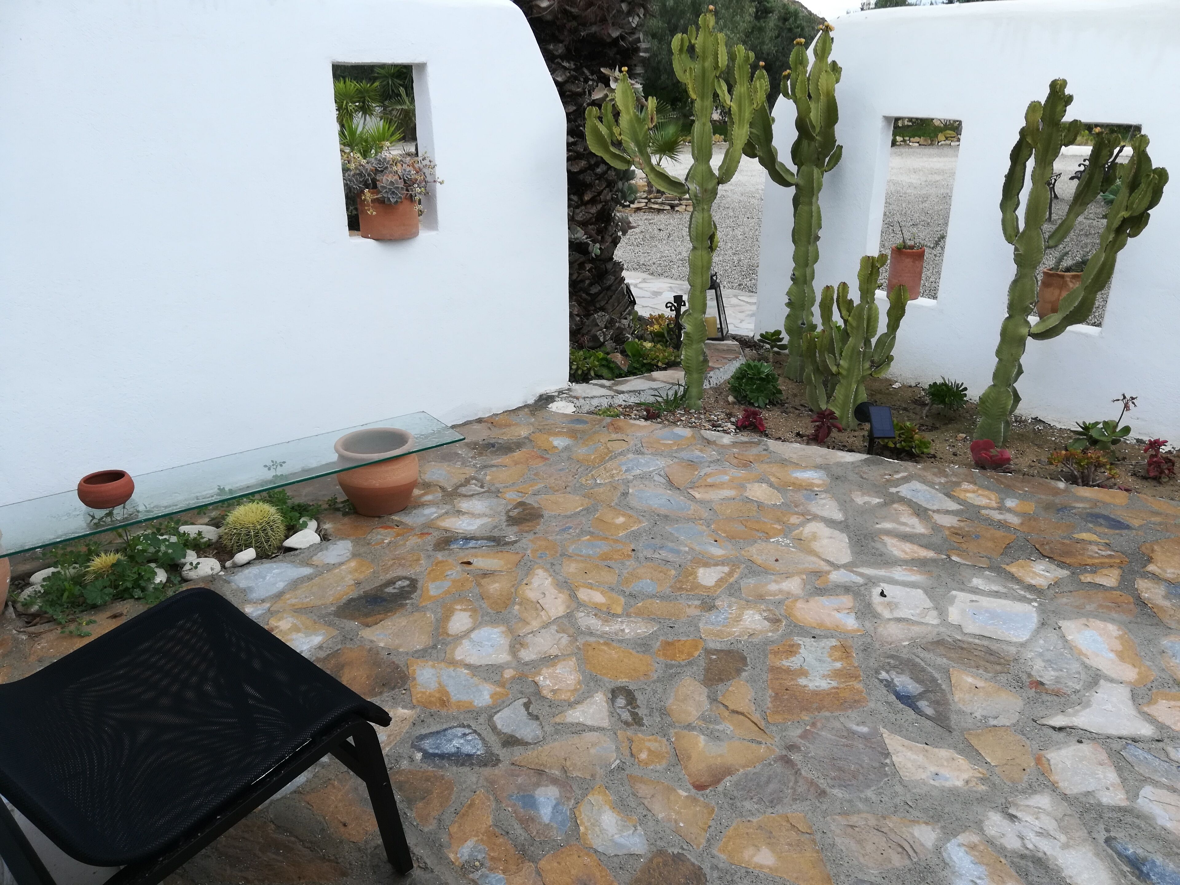 A stone-tiled patio with potted cacti and a black chair.