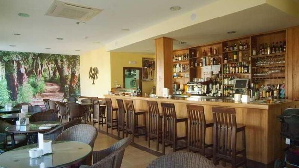 A bar area with wooden shelves stocked with bottles and glasses, surrounded by wicker chairs and tables. - Sancho IV Apartamentos Turísticos Rurales (Cortegana)