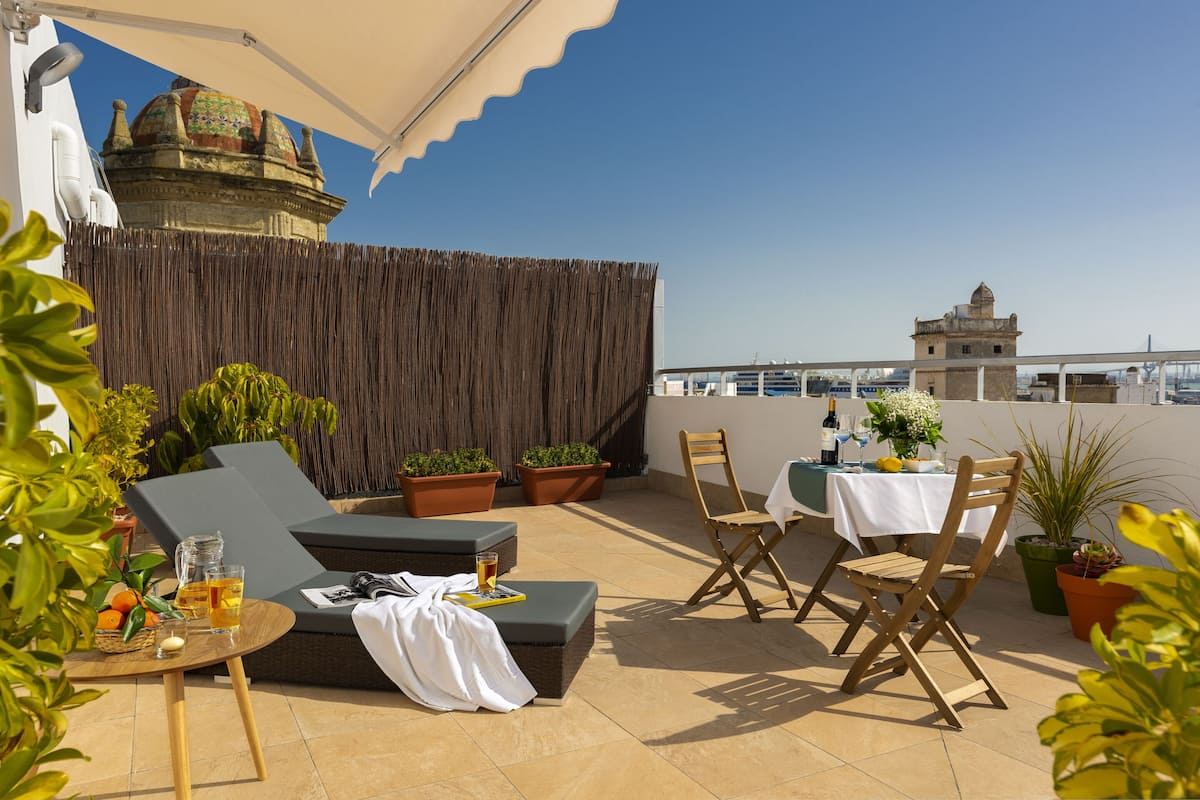 Une terrasse sur le toit, avec des chaises longues, une table avec des boissons et des plantes en pot.