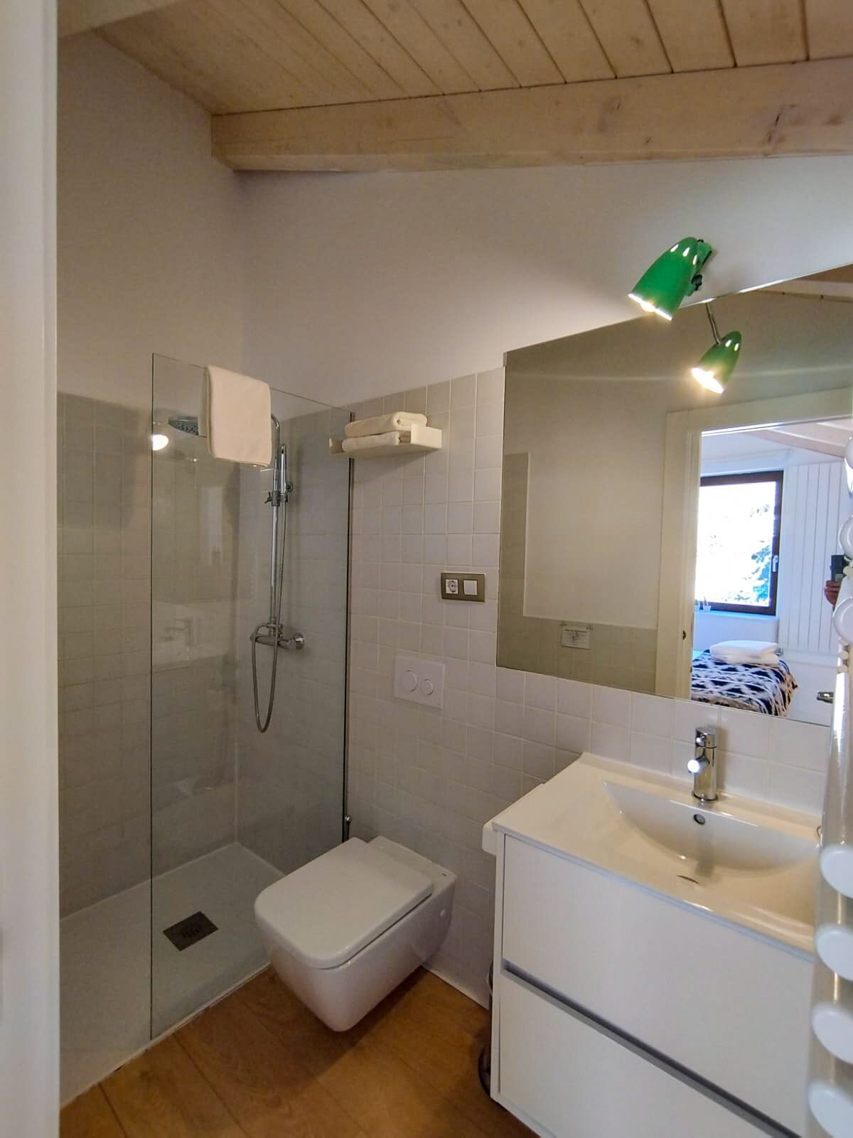 Un baño con ducha de vidrio, inodoro, lavamanos y espejo.