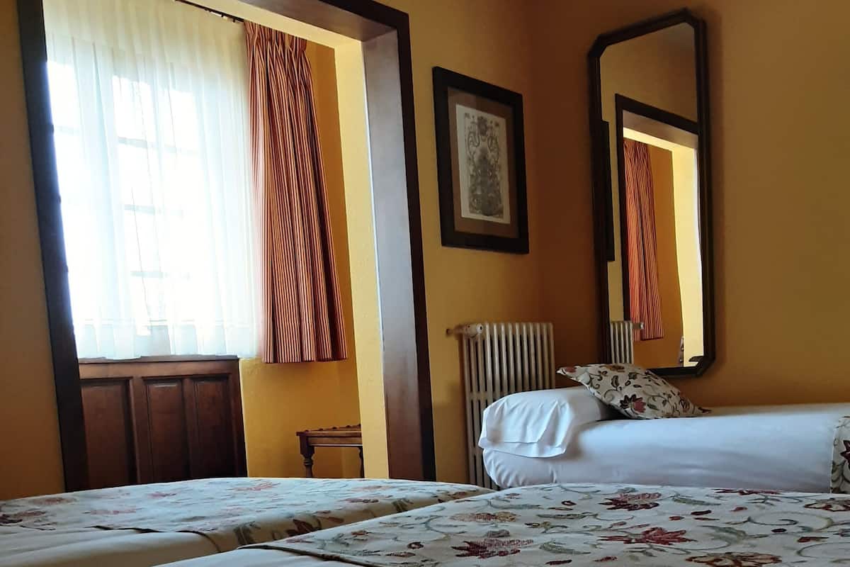 Habitación de hotel con dos camas, un radiador, un espejo y una ventana con cortinas.