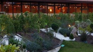 Un edificio con grandes ventanales y un jardín con diversas plantas y un elemento decorativo de piedra.