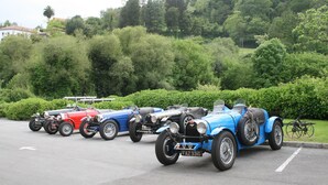 Eine Reihe klassischer Autos steht in einem Parkplatz, im Hintergrund üppiges Grün und Bäume.