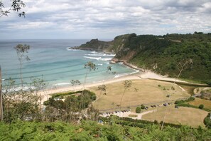 Un paysage côtier comprenant une plage, un espace de stationnement et une végétation luxuriante.